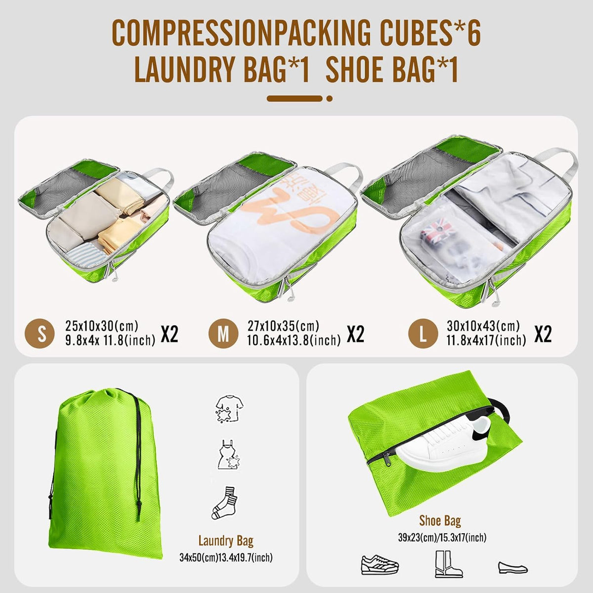 8 Set Compression Packing Cubes for Travel, Expandable Luggage Organizer with Shoe Bag & Laundry Bag - Lightweight Suitcase & Backpack Travel Essentials (Green)