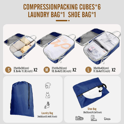 8 Set Compression Packing Cubes for Travel, Expandable Luggage Organizer with Shoe Bag & Laundry Bag - Lightweight Suitcase & Backpack Travel Essentials (Green)