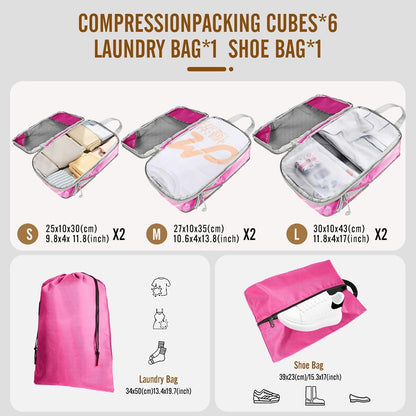 8 Set Compression Packing Cubes for Travel, Expandable Luggage Organizer with Shoe Bag & Laundry Bag - Lightweight Suitcase & Backpack Travel Essentials (Green)