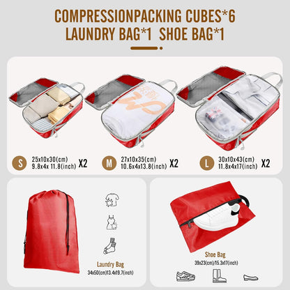 8 Set Compression Packing Cubes for Travel, Expandable Luggage Organizer with Shoe Bag & Laundry Bag - Lightweight Suitcase & Backpack Travel Essentials (Green)