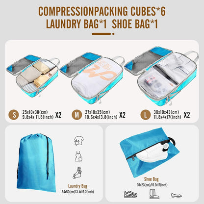 8 Set Compression Packing Cubes for Travel, Expandable Luggage Organizer with Shoe Bag & Laundry Bag - Lightweight Suitcase & Backpack Travel Essentials (Green)