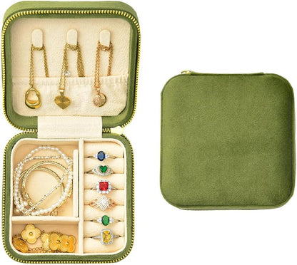 Small Travel Jewelry Case, Mini Tiny Plush Velvet Jewelry Box for Women and Girls, Pocket Size Jewelry holder organizer for Rings Earrings and Small Items(Avocado Green)
