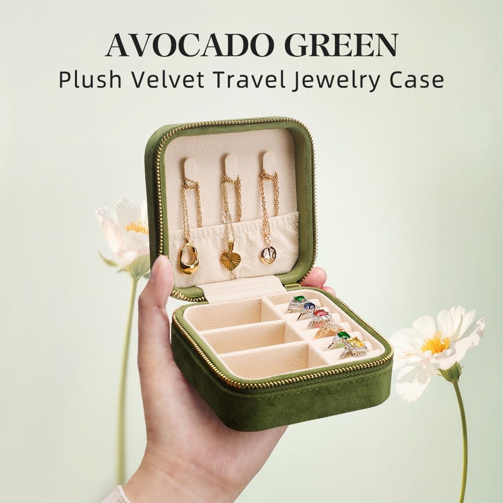 Small Travel Jewelry Case, Mini Tiny Plush Velvet Jewelry Box for Women and Girls, Pocket Size Jewelry holder organizer for Rings Earrings and Small Items(Avocado Green)
