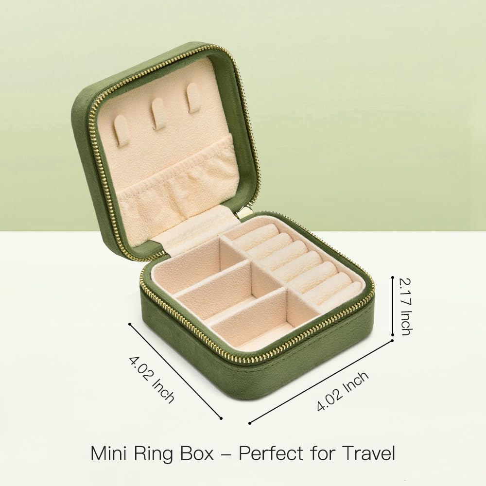 Small Travel Jewelry Case, Mini Tiny Plush Velvet Jewelry Box for Women and Girls, Pocket Size Jewelry holder organizer for Rings Earrings and Small Items(Avocado Green)