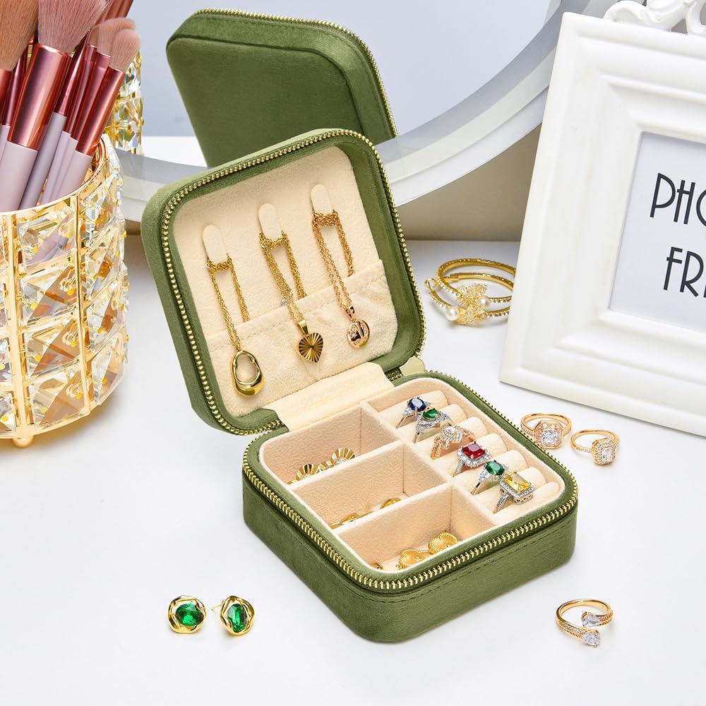 Small Travel Jewelry Case, Mini Tiny Plush Velvet Jewelry Box for Women and Girls, Pocket Size Jewelry holder organizer for Rings Earrings and Small Items(Avocado Green)