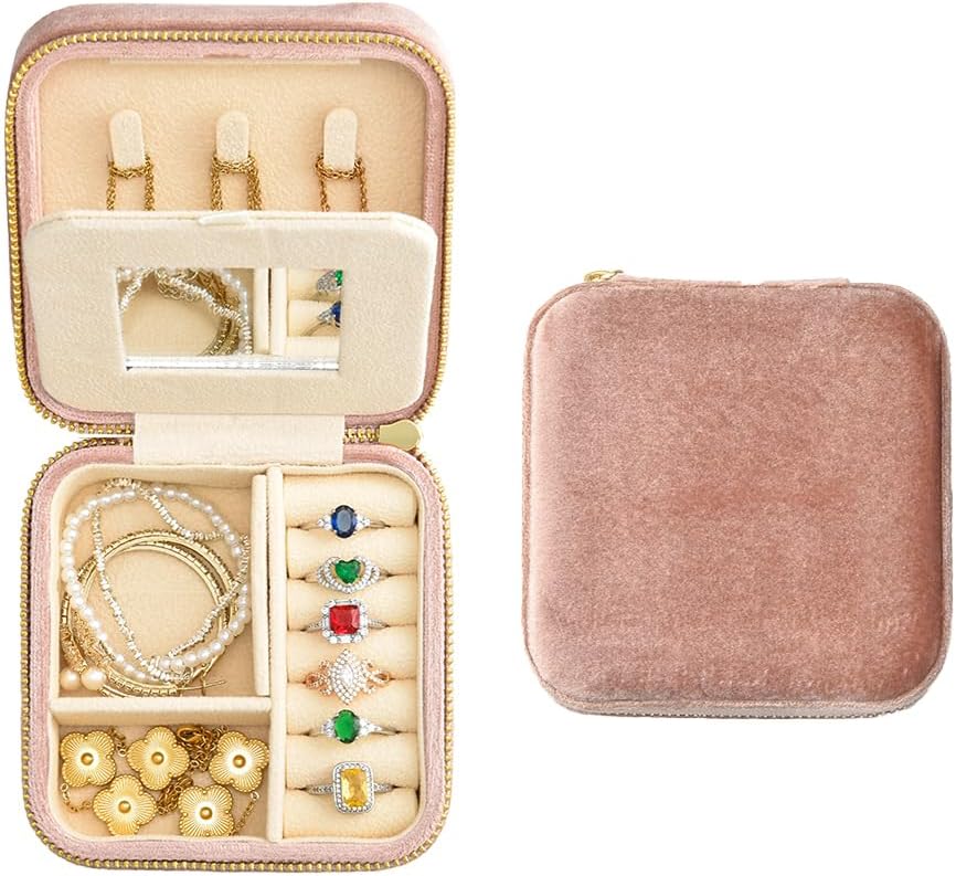 Small Travel Jewelry Case, Mini Tiny Plush Velvet Jewelry Box for Women and Girls, Pocket Size Jewelry holder organizer for Rings Earrings and Small Items(Avocado Green)