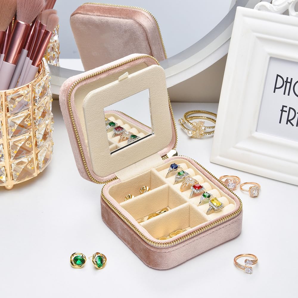 Small Travel Jewelry Case, Mini Tiny Plush Velvet Jewelry Box for Women and Girls, Pocket Size Jewelry holder organizer for Rings Earrings and Small Items(Avocado Green)