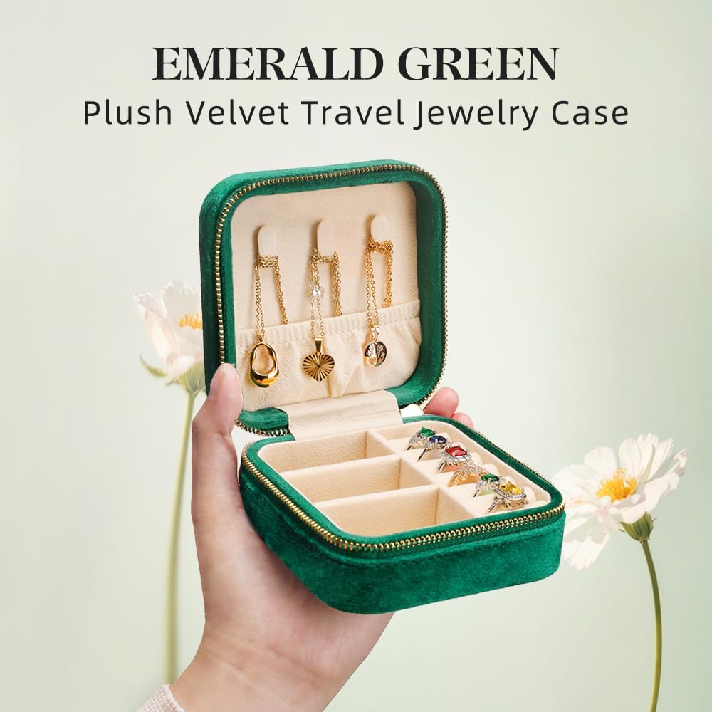 Small Travel Jewelry Case, Mini Tiny Plush Velvet Jewelry Box for Women and Girls, Pocket Size Jewelry holder organizer for Rings Earrings and Small Items(Avocado Green)