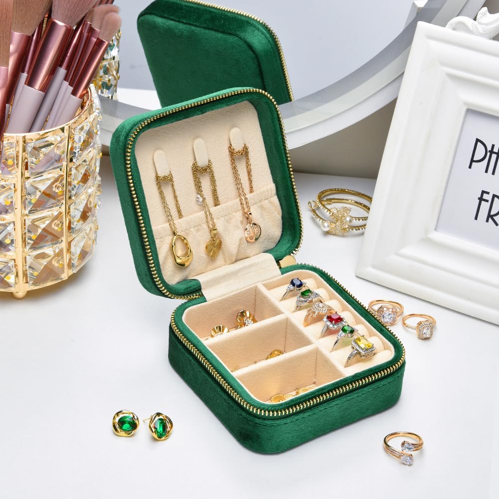 Small Travel Jewelry Case, Mini Tiny Plush Velvet Jewelry Box for Women and Girls, Pocket Size Jewelry holder organizer for Rings Earrings and Small Items(Avocado Green)