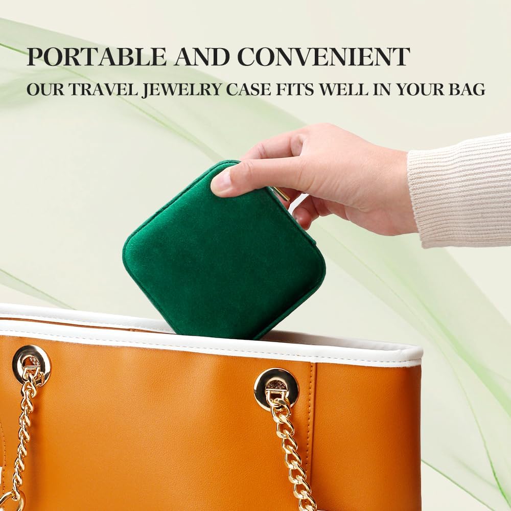 Small Travel Jewelry Case, Mini Tiny Plush Velvet Jewelry Box for Women and Girls, Pocket Size Jewelry holder organizer for Rings Earrings and Small Items(Avocado Green)
