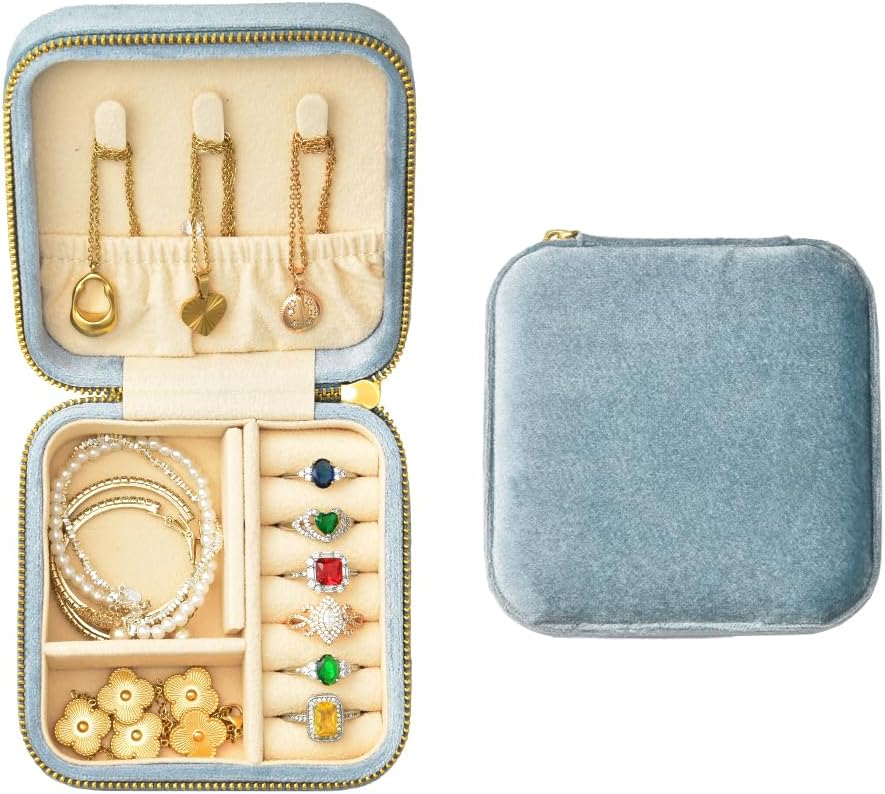 Small Travel Jewelry Case, Mini Tiny Plush Velvet Jewelry Box for Women and Girls, Pocket Size Jewelry holder organizer for Rings Earrings and Small Items(Avocado Green)
