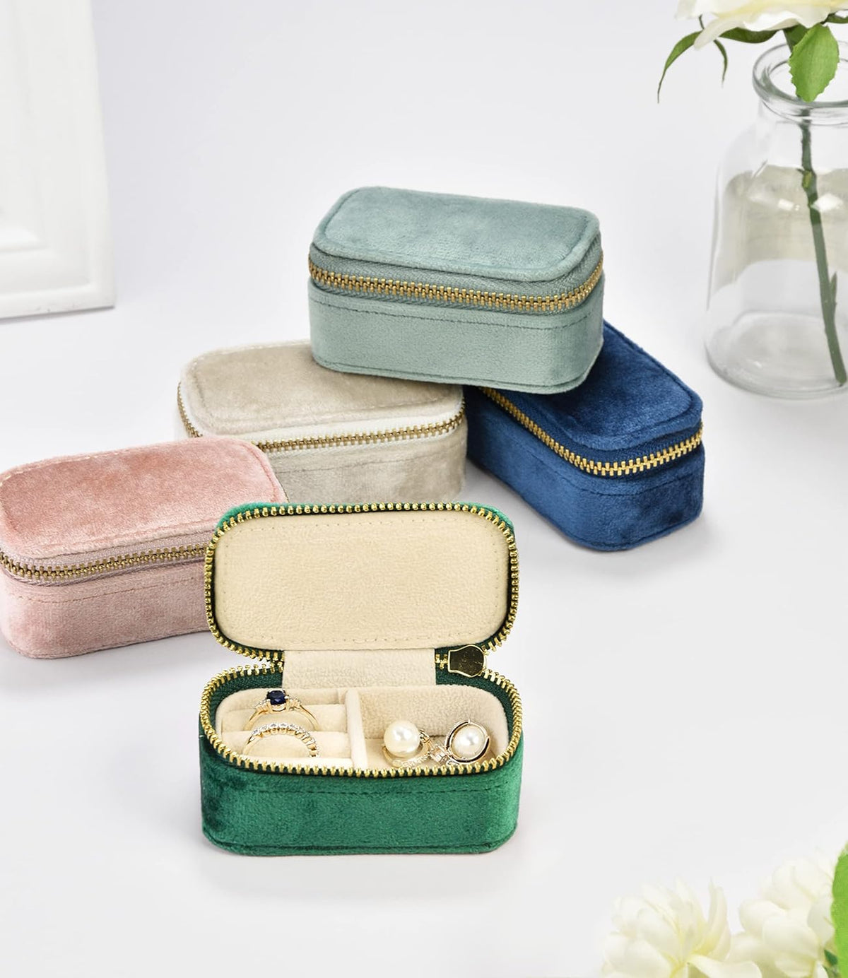 Small Travel Jewelry Case, Mini Tiny Plush Velvet Jewelry Box for Women and Girls, Pocket Size Jewelry holder organizer for Rings Earrings and Small Items(Avocado Green)