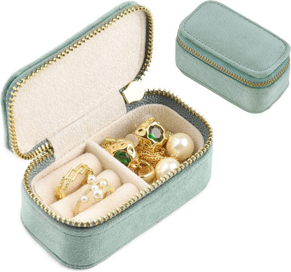 Small Travel Jewelry Case, Mini Tiny Plush Velvet Jewelry Box for Women and Girls, Pocket Size Jewelry holder organizer for Rings Earrings and Small Items(Avocado Green)