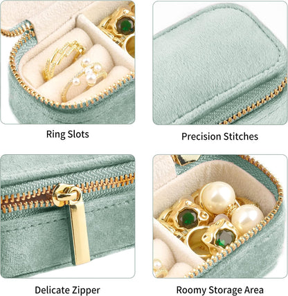 Small Travel Jewelry Case, Mini Tiny Plush Velvet Jewelry Box for Women and Girls, Pocket Size Jewelry holder organizer for Rings Earrings and Small Items(Avocado Green)