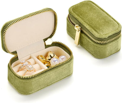 Small Travel Jewelry Case, Mini Tiny Plush Velvet Jewelry Box for Women and Girls, Pocket Size Jewelry holder organizer for Rings Earrings and Small Items(Avocado Green)