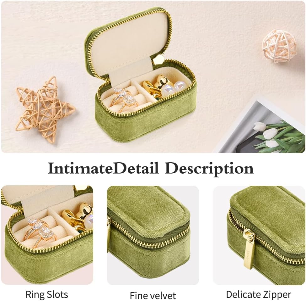Small Travel Jewelry Case, Mini Tiny Plush Velvet Jewelry Box for Women and Girls, Pocket Size Jewelry holder organizer for Rings Earrings and Small Items(Avocado Green)
