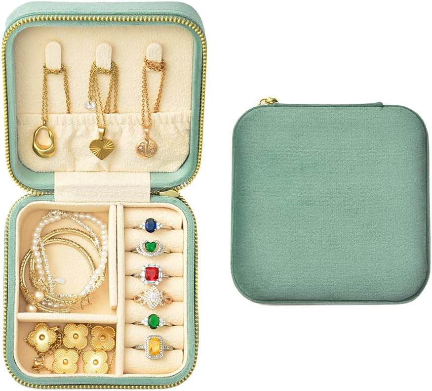 Small Travel Jewelry Case, Mini Tiny Plush Velvet Jewelry Box for Women and Girls, Pocket Size Jewelry holder organizer for Rings Earrings and Small Items(Avocado Green)