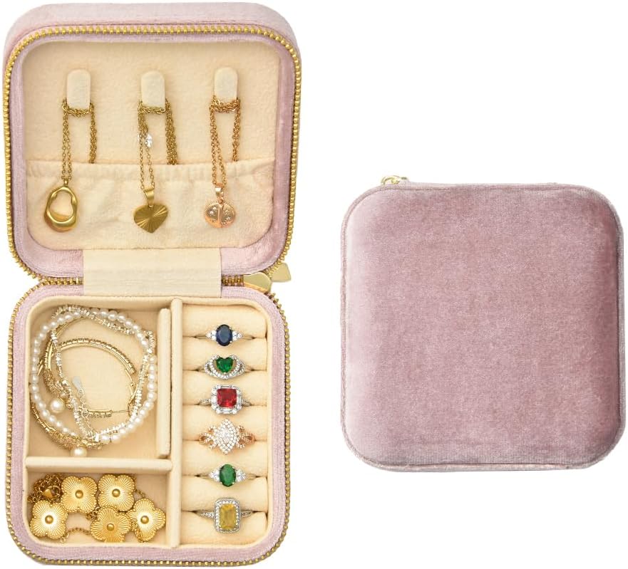 Small Travel Jewelry Case, Mini Tiny Plush Velvet Jewelry Box for Women and Girls, Pocket Size Jewelry holder organizer for Rings Earrings and Small Items(Avocado Green)