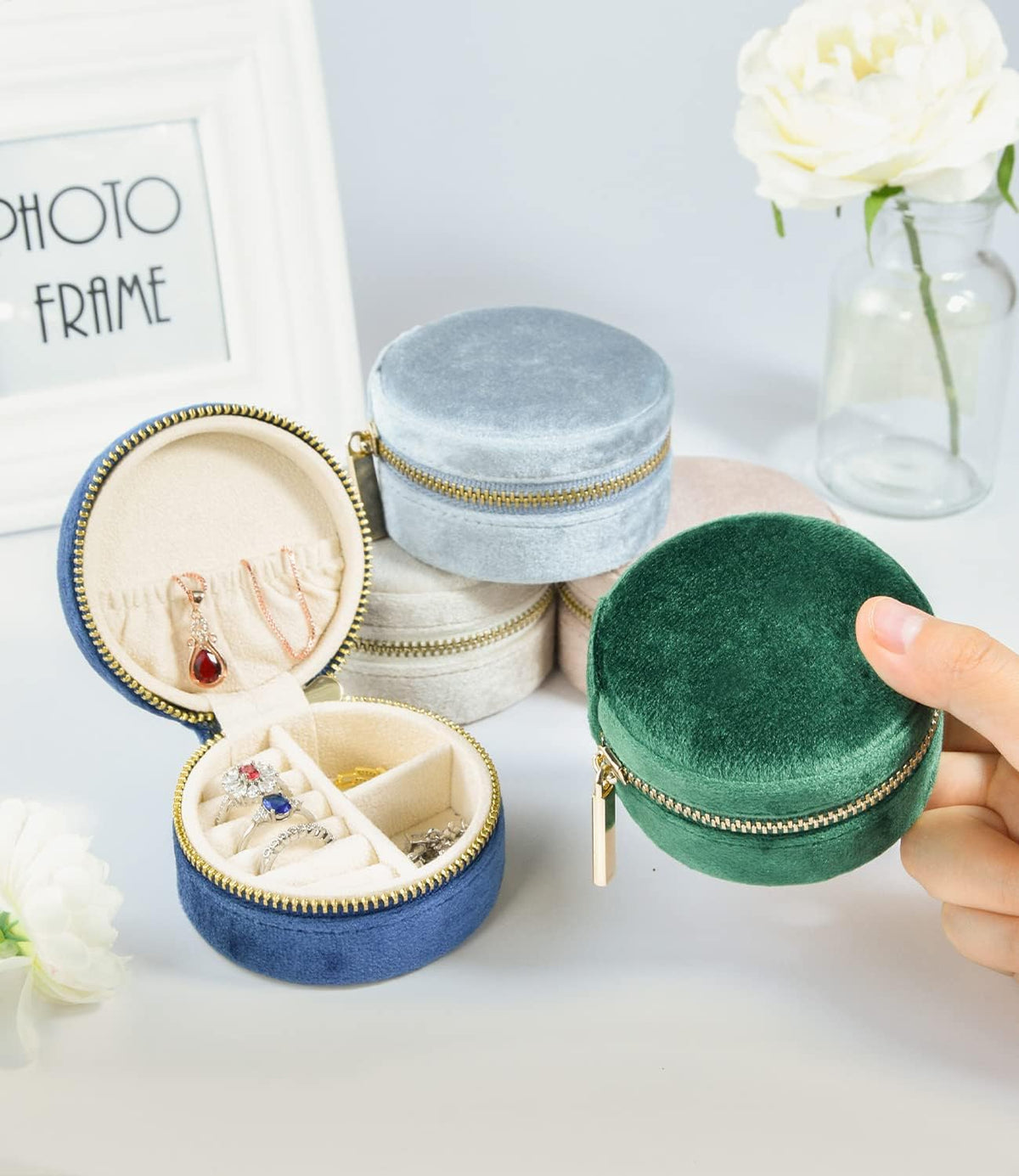 Small Travel Jewelry Case, Mini Tiny Plush Velvet Jewelry Box for Women and Girls, Pocket Size Jewelry holder organizer for Rings Earrings and Small Items(Avocado Green)