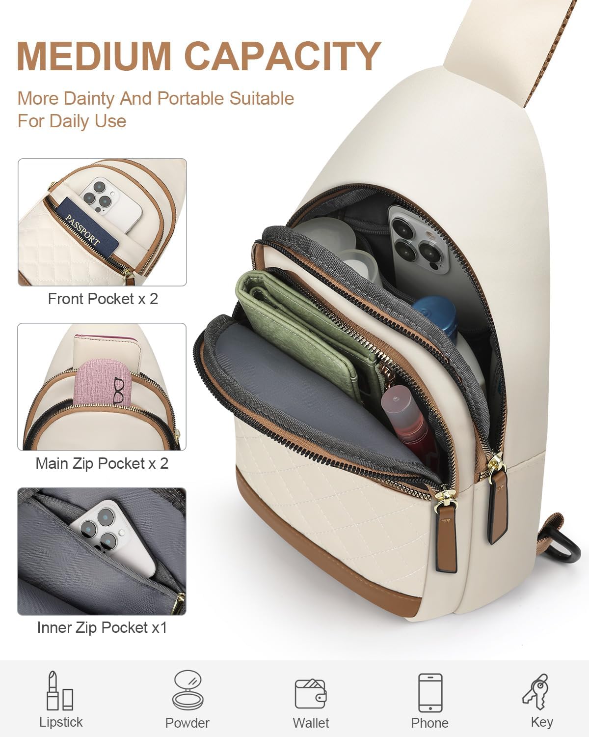 Sling Bag for Women Men Waterproof Crossbody Bags for Women Trendy Casual Fanny Pack with Convertible Shoulder Strap Chest Bag for Travel Hiking(Beige, Medium)