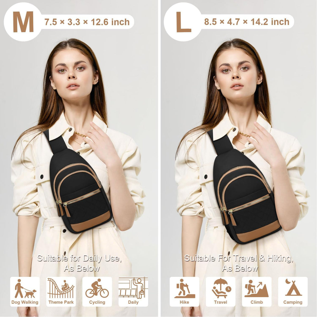 Sling Bag for Women Men Waterproof Crossbody Bags for Women Trendy Casual Fanny Pack with Convertible Shoulder Strap Chest Bag for Travel Hiking(Beige, Medium)