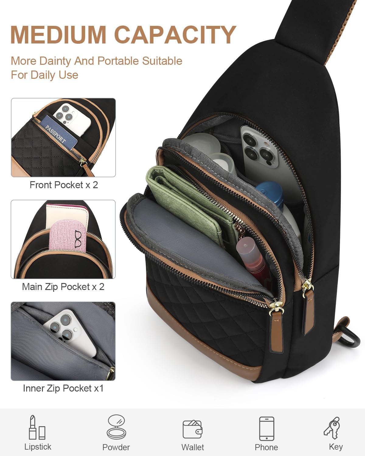 Sling Bag for Women Men Waterproof Crossbody Bags for Women Trendy Casual Fanny Pack with Convertible Shoulder Strap Chest Bag for Travel Hiking(Beige, Medium)