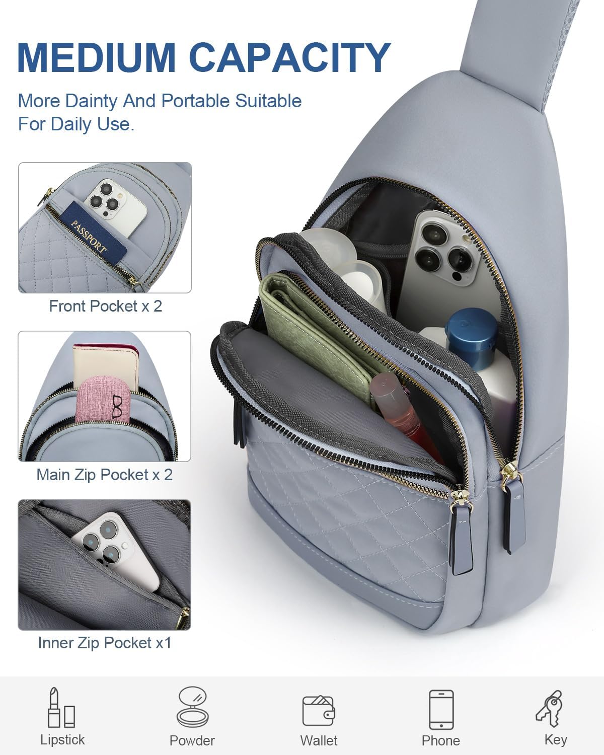 Sling Bag for Women Men Waterproof Crossbody Bags for Women Trendy Casual Fanny Pack with Convertible Shoulder Strap Chest Bag for Travel Hiking(Beige, Medium)