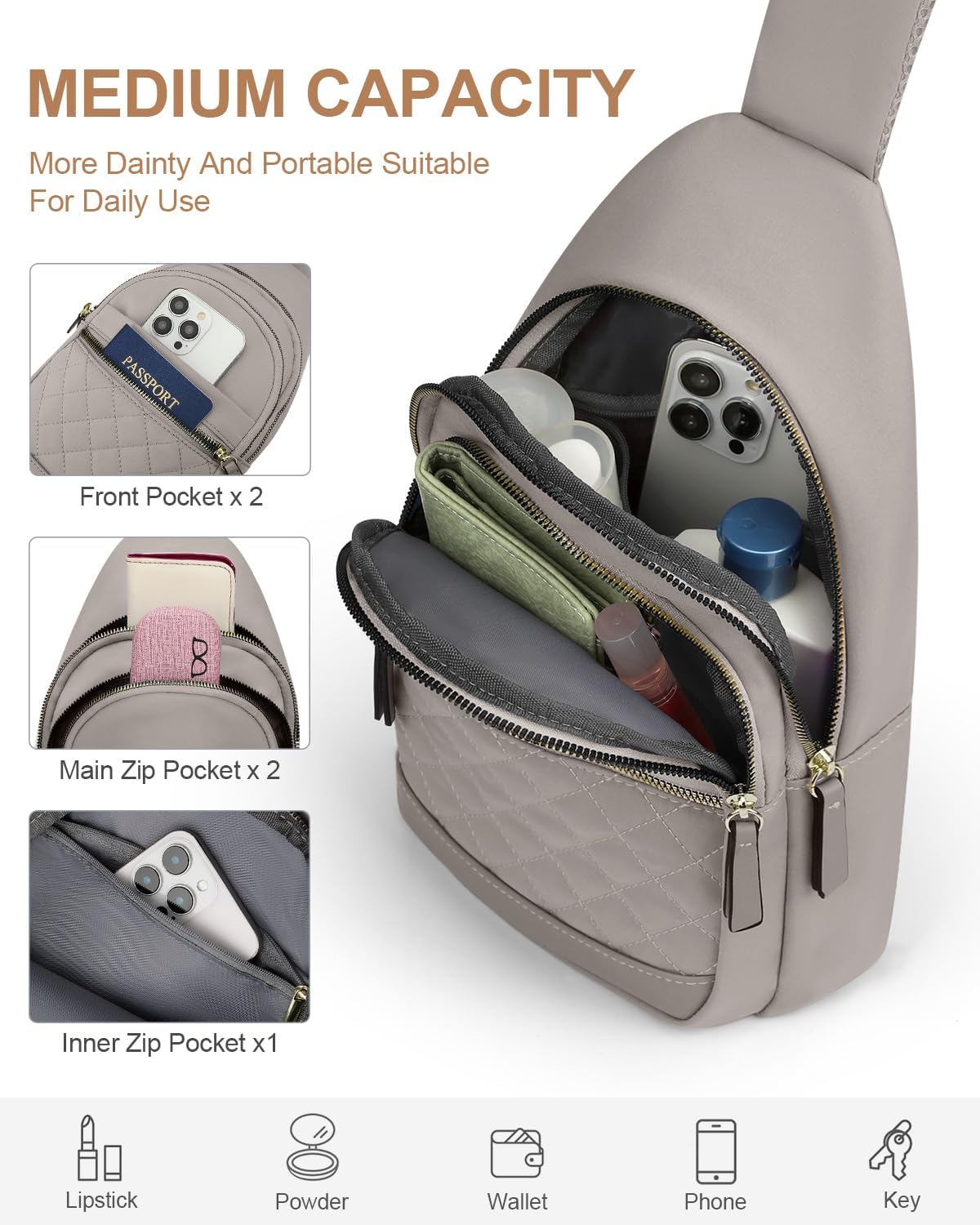 Sling Bag for Women Men Waterproof Crossbody Bags for Women Trendy Casual Fanny Pack with Convertible Shoulder Strap Chest Bag for Travel Hiking(Beige, Medium)