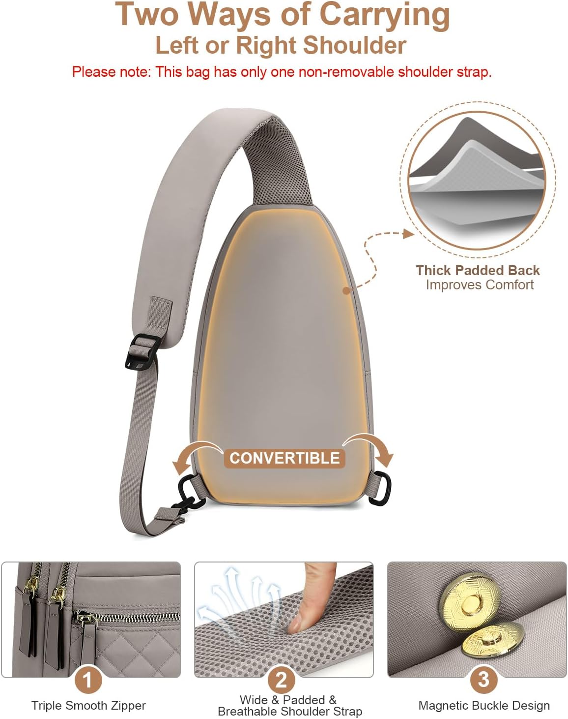 Sling Bag for Women Men Waterproof Crossbody Bags for Women Trendy Casual Fanny Pack with Convertible Shoulder Strap Chest Bag for Travel Hiking(Beige, Medium)
