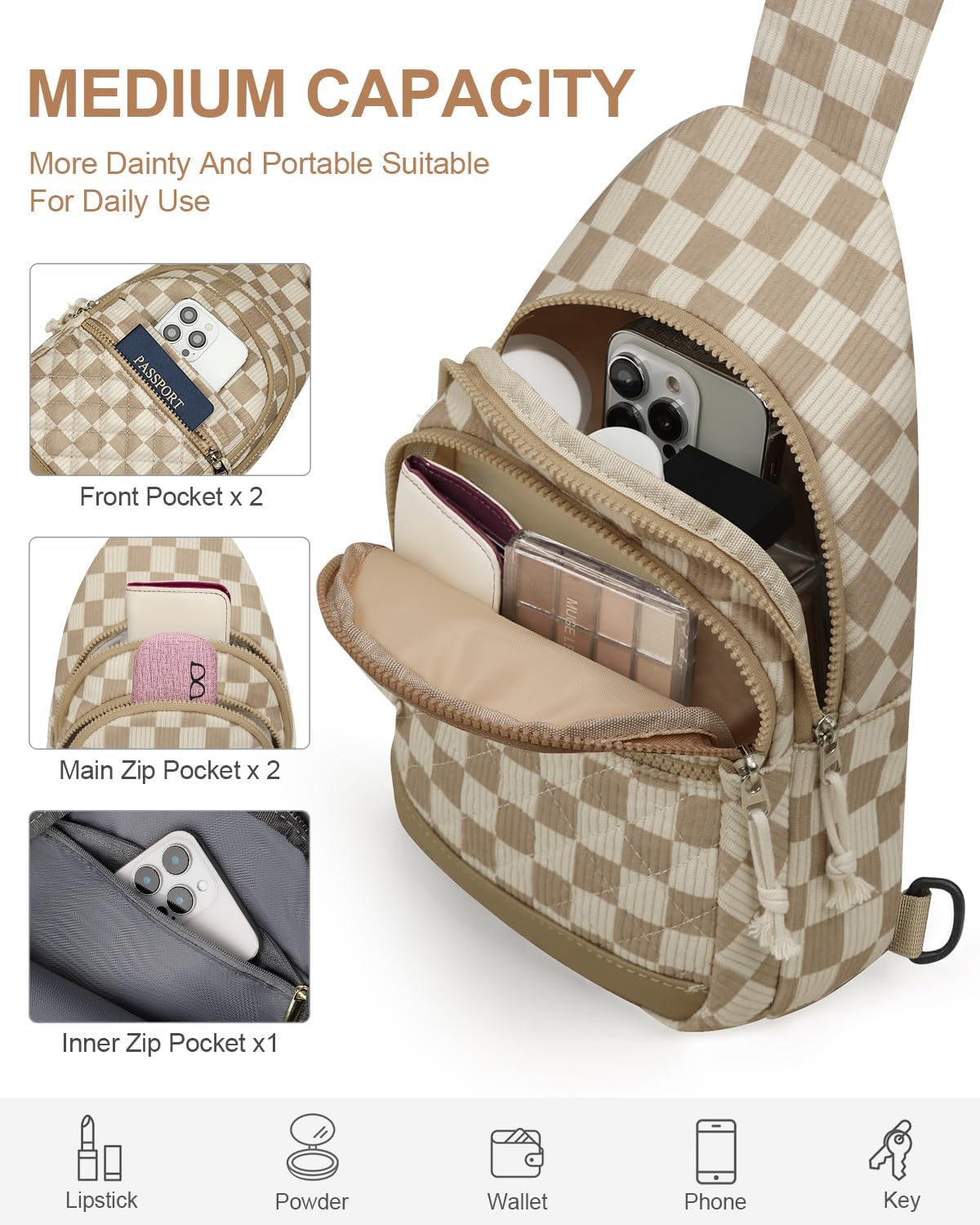 Sling Bag for Women Men Waterproof Crossbody Bags for Women Trendy Casual Fanny Pack with Convertible Shoulder Strap Chest Bag for Travel Hiking(Beige, Medium)