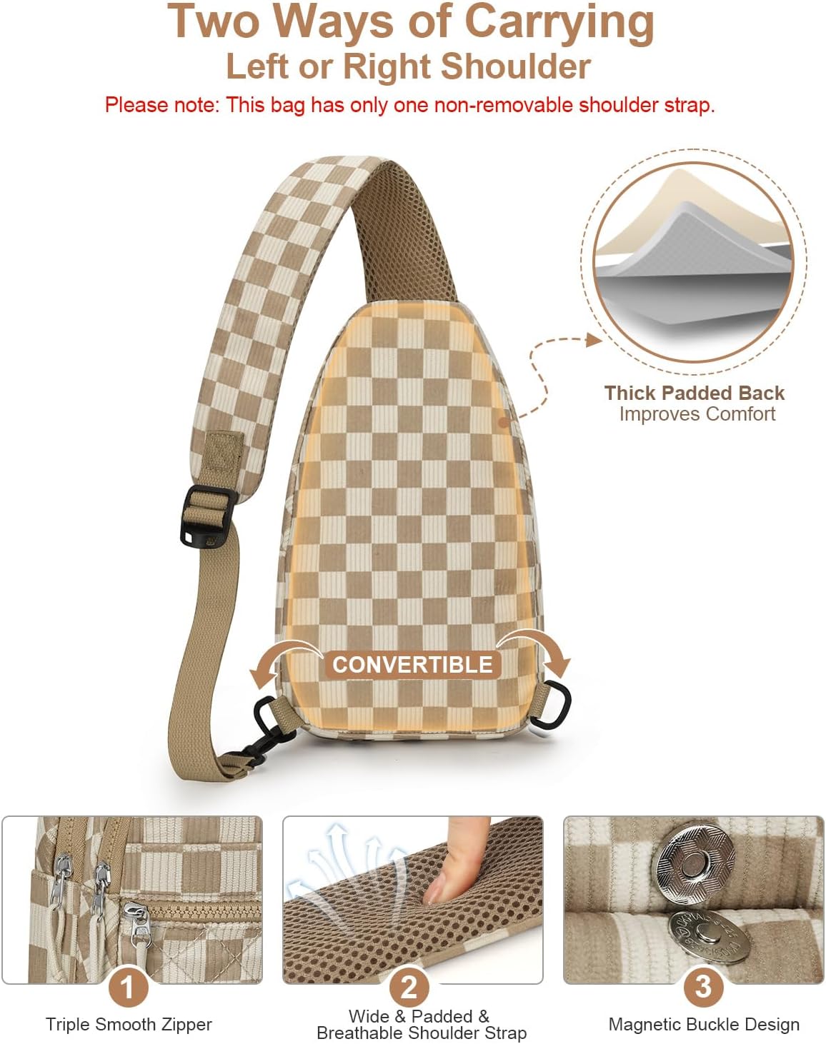 Sling Bag for Women Men Waterproof Crossbody Bags for Women Trendy Casual Fanny Pack with Convertible Shoulder Strap Chest Bag for Travel Hiking(Beige, Medium)