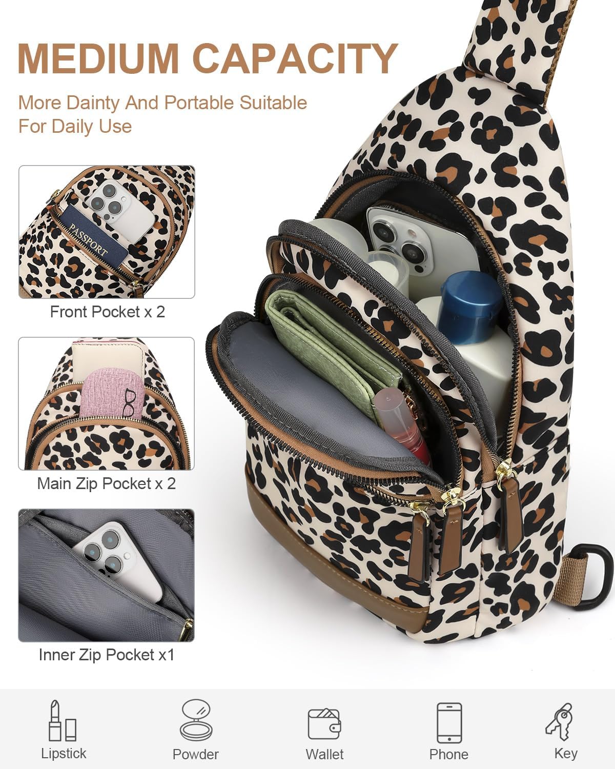 Sling Bag for Women Men Waterproof Crossbody Bags for Women Trendy Casual Fanny Pack with Convertible Shoulder Strap Chest Bag for Travel Hiking(Beige, Medium)