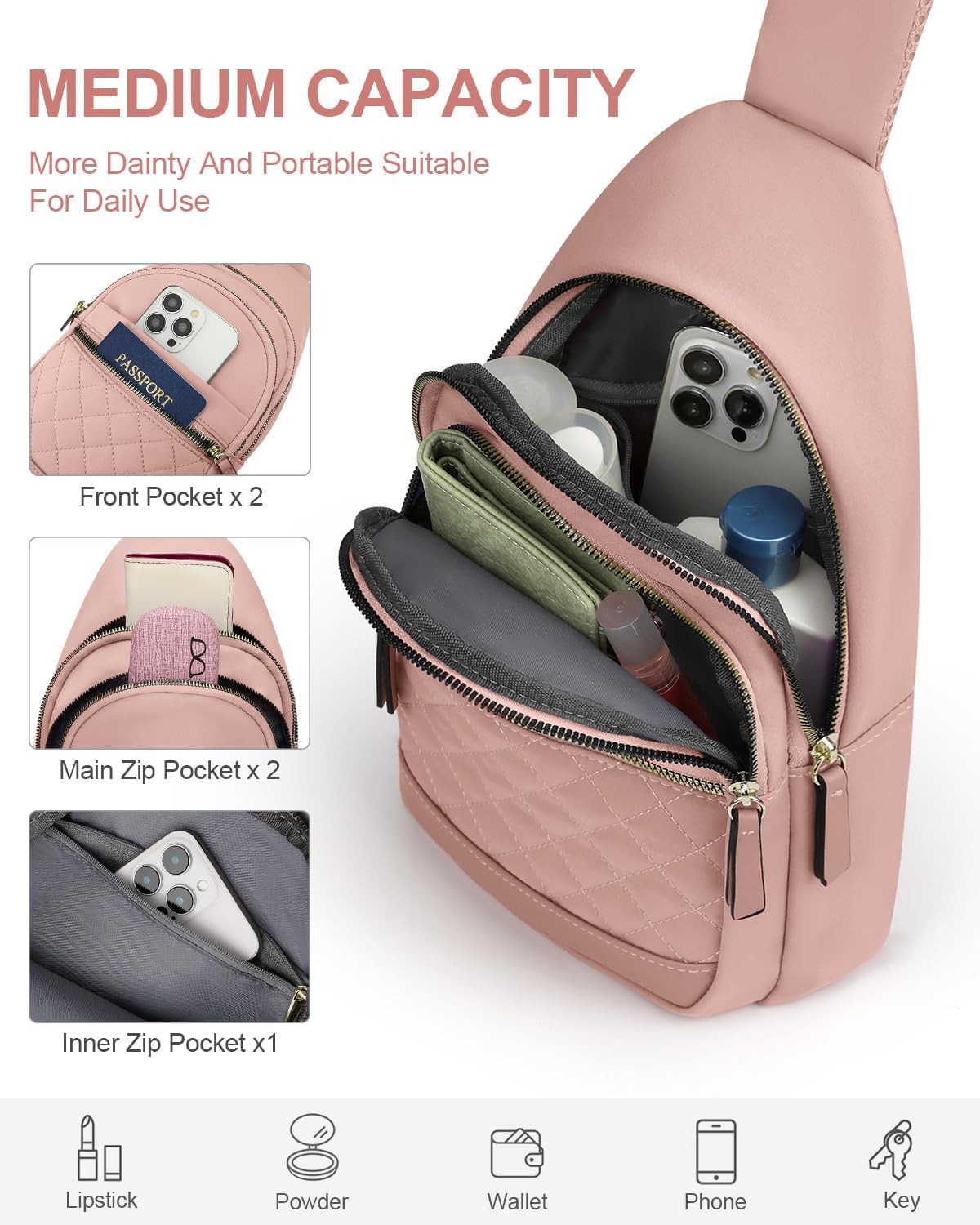 Sling Bag for Women Men Waterproof Crossbody Bags for Women Trendy Casual Fanny Pack with Convertible Shoulder Strap Chest Bag for Travel Hiking(Beige, Medium)