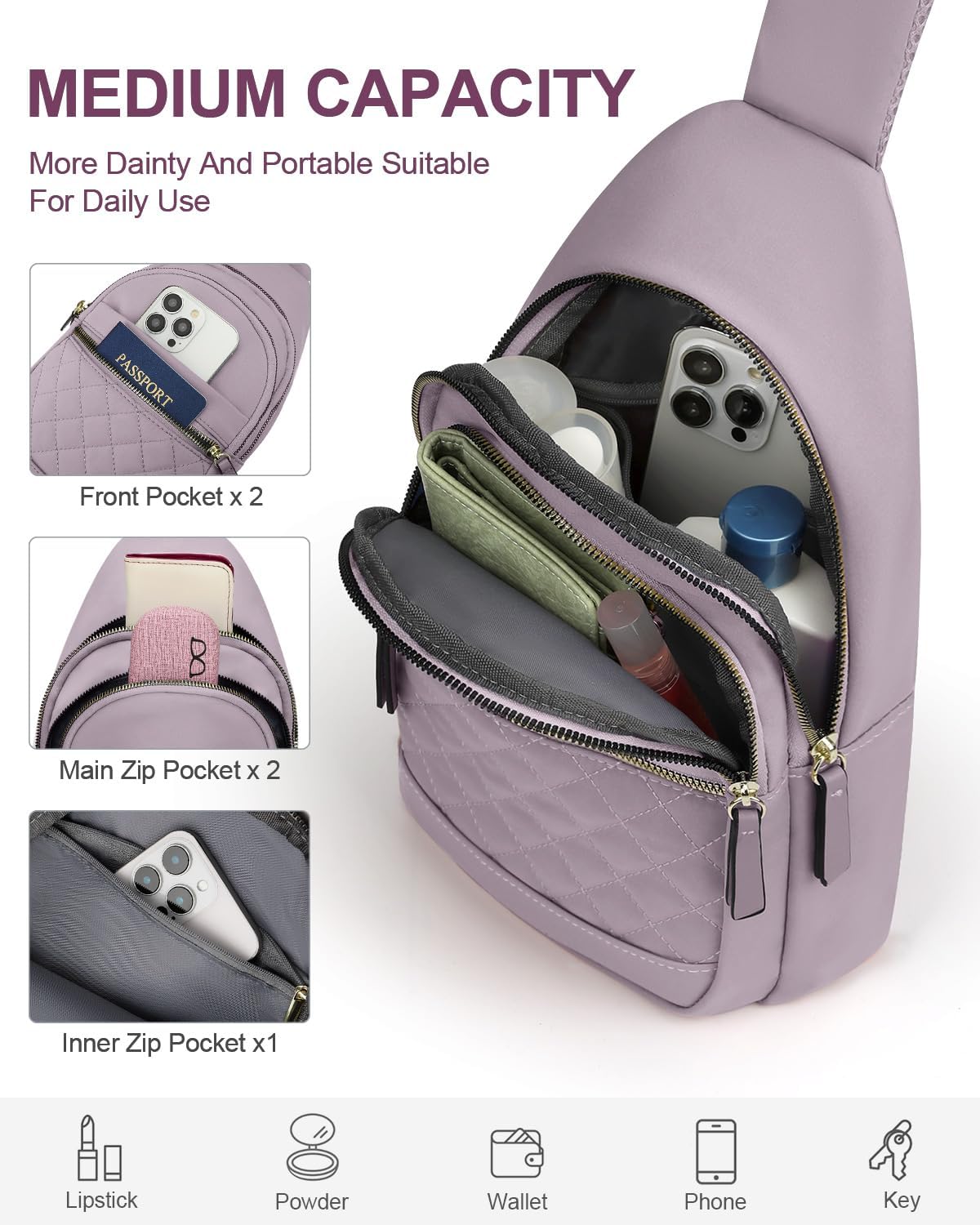 Sling Bag for Women Men Waterproof Crossbody Bags for Women Trendy Casual Fanny Pack with Convertible Shoulder Strap Chest Bag for Travel Hiking(Beige, Medium)