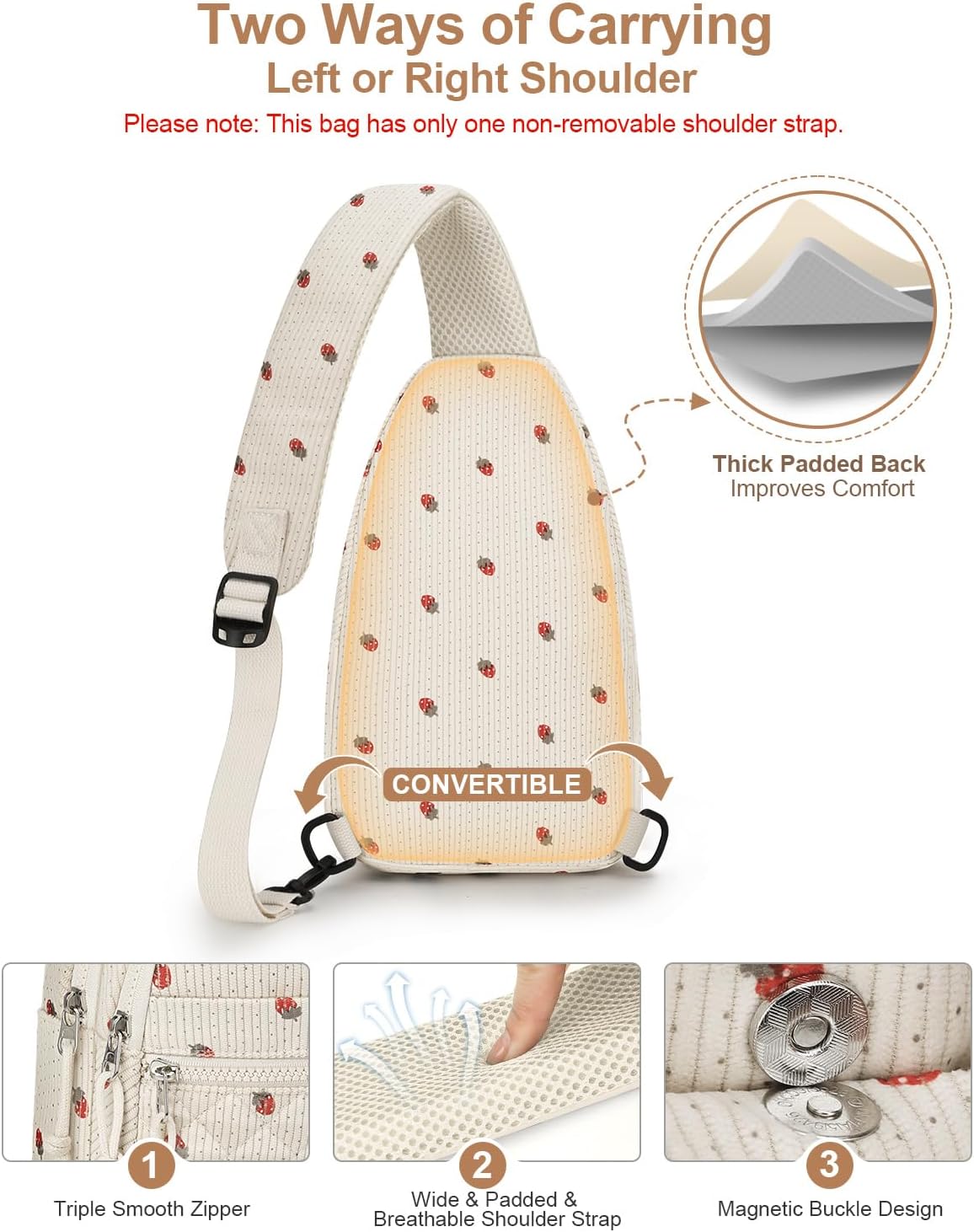 Sling Bag for Women Men Waterproof Crossbody Bags for Women Trendy Casual Fanny Pack with Convertible Shoulder Strap Chest Bag for Travel Hiking(Beige, Medium)
