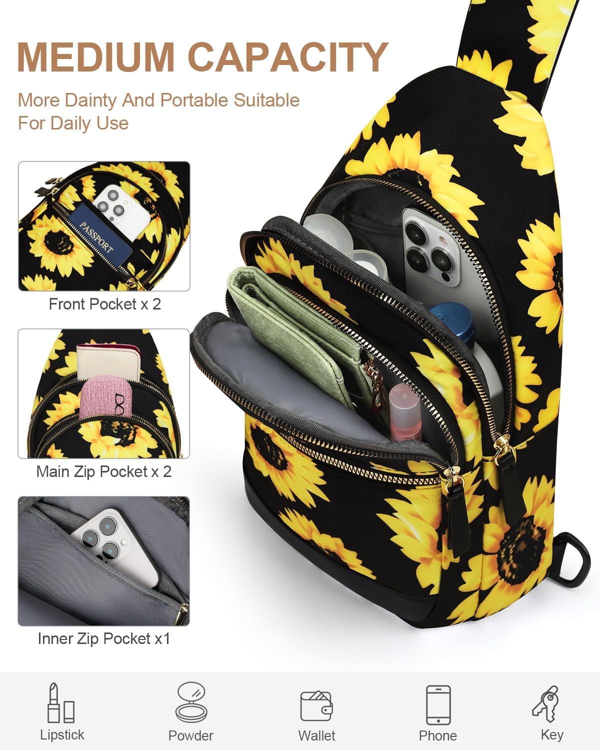 Sling Bag for Women Men Waterproof Crossbody Bags for Women Trendy Casual Fanny Pack with Convertible Shoulder Strap Chest Bag for Travel Hiking(Beige, Medium)
