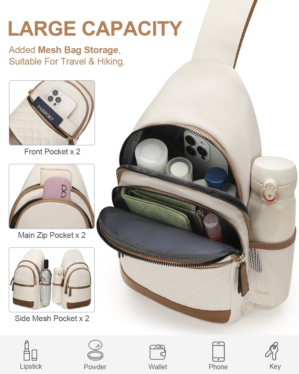 Sling Bag for Women Men Waterproof Crossbody Bags for Women Trendy Casual Fanny Pack with Convertible Shoulder Strap Chest Bag for Travel Hiking(Beige, Medium)