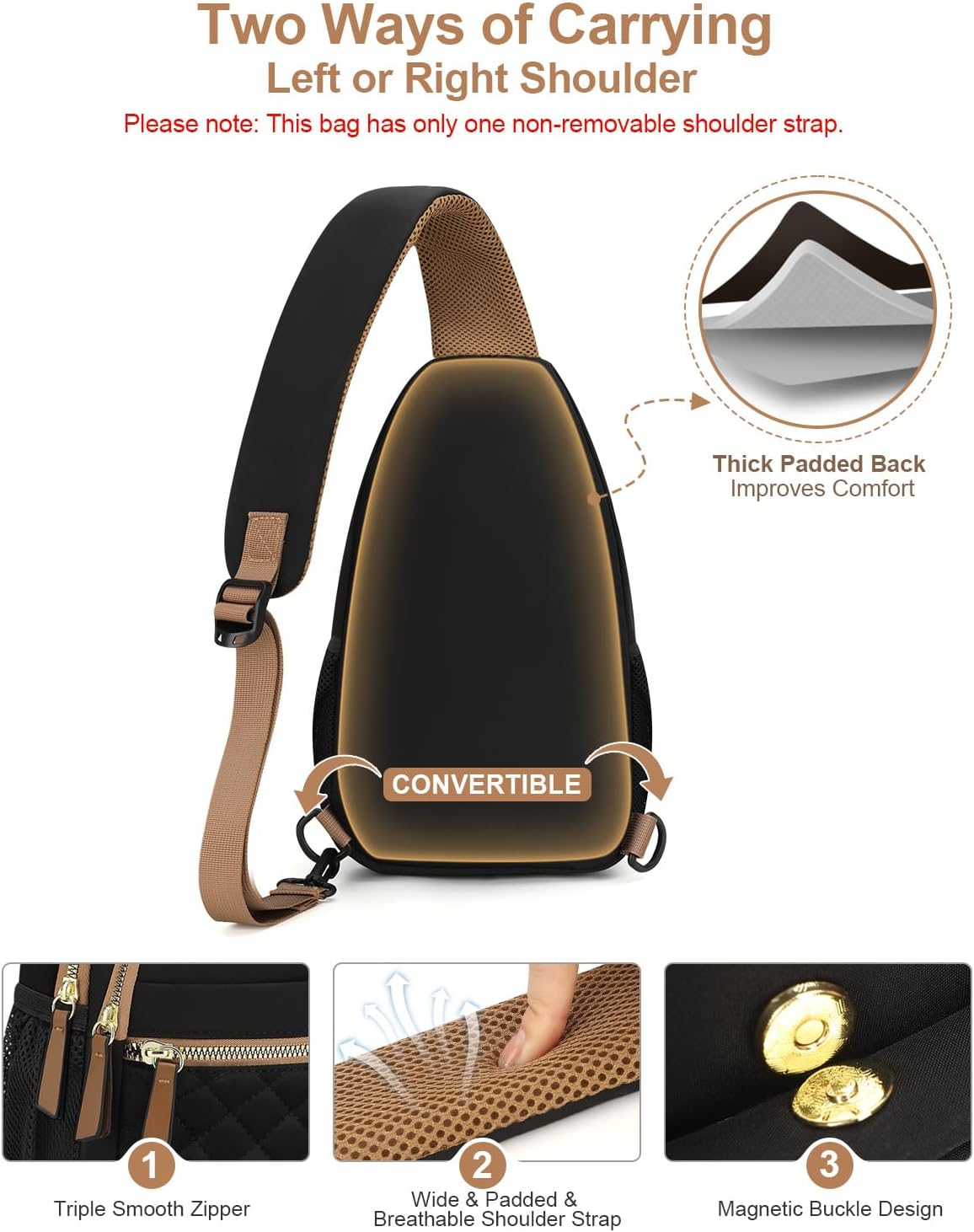 Sling Bag for Women Men Waterproof Crossbody Bags for Women Trendy Casual Fanny Pack with Convertible Shoulder Strap Chest Bag for Travel Hiking(Beige, Medium)