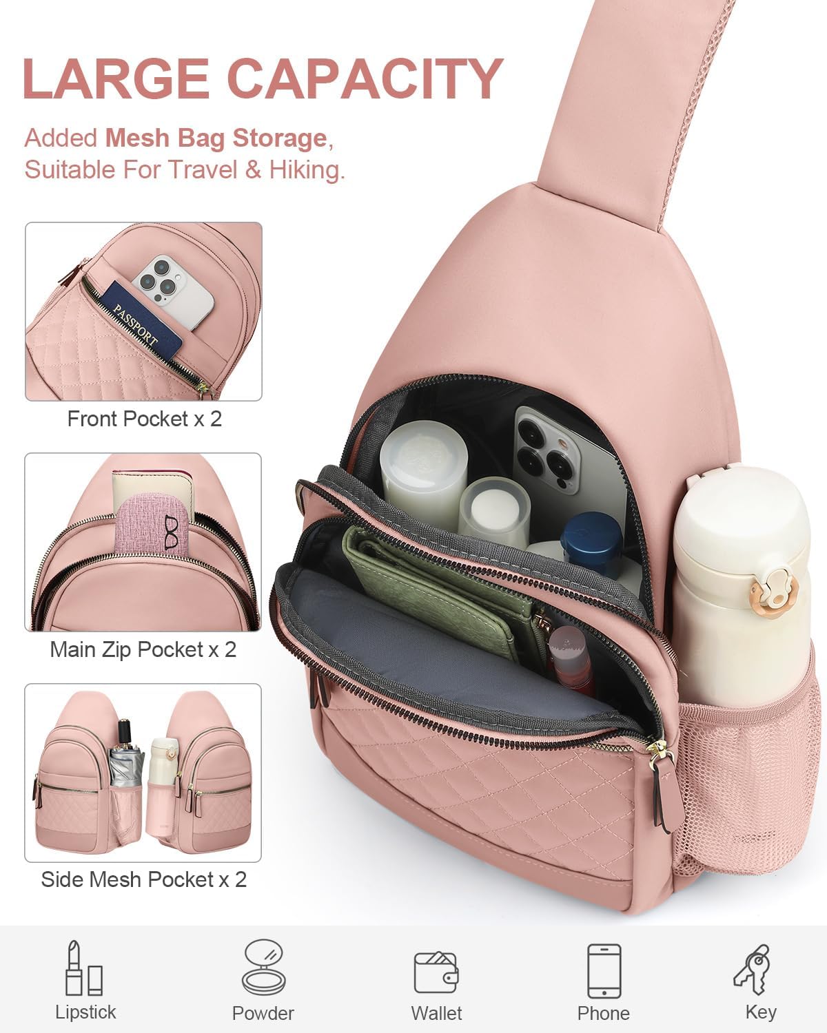 Sling Bag for Women Men Waterproof Crossbody Bags for Women Trendy Casual Fanny Pack with Convertible Shoulder Strap Chest Bag for Travel Hiking(Beige, Medium)