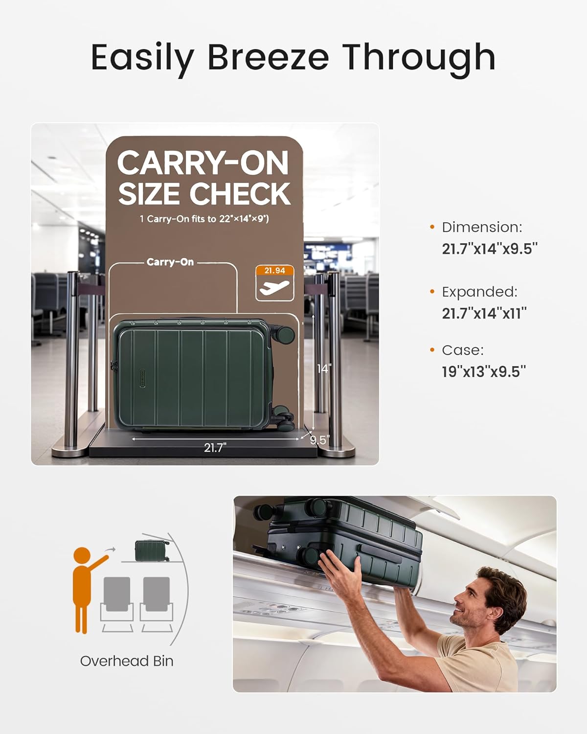 Carry On Luggage 22x14x9 Airline Approved with Spinner Wheels, 20 Inch Small Carry On Suitcase with TSA Lock, Expandable Hard Shell Suitcases for Men Women