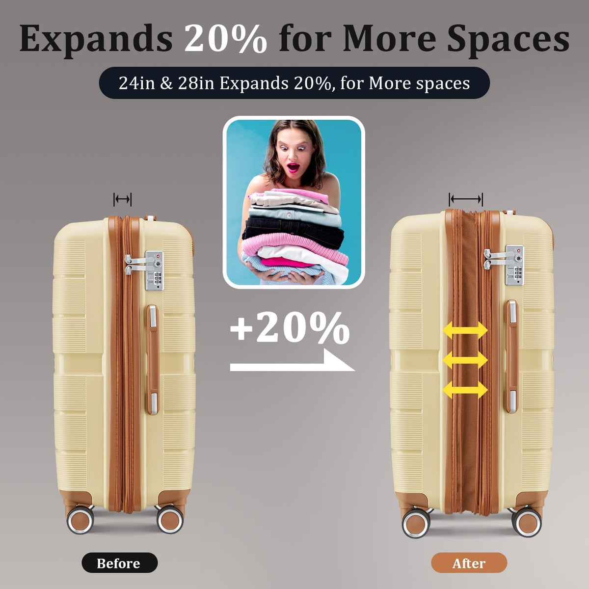 Expandable Hardshell Pink Luggage Sets with Spinner Wheels, Lightweight Travel Suitcase Set with TSA Locks, 20 inch Carry On for Women (Yellow)