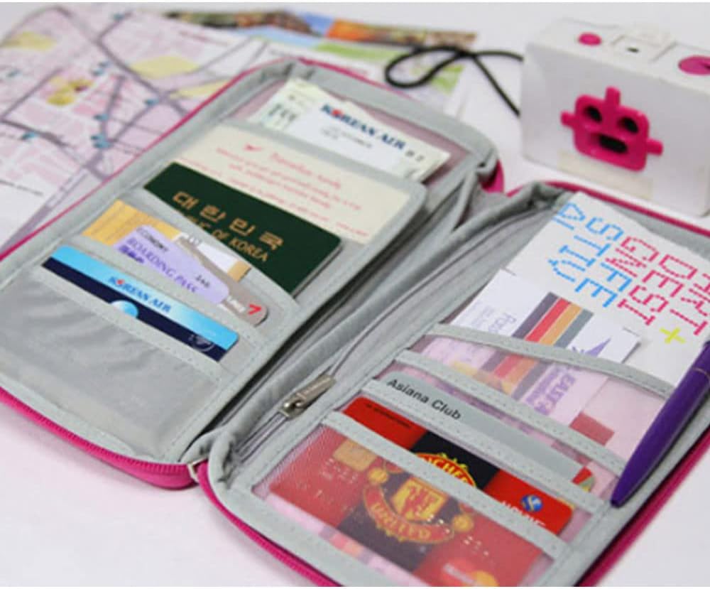 Multi-Functional Fashion Ticket Passport Credit Card ID Document Organizer Holder Bag Purse Travel Pouch Case Cover (Rose Red)