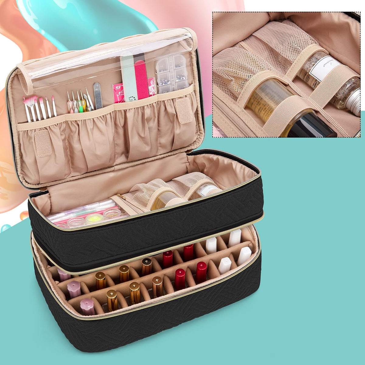 Nail Polish Organizer Holds 40 Bottles (15ml - 0.5 fl.oz), Black | Nail Polish Case with Manicure Tools Storage Sections,Patented Design.