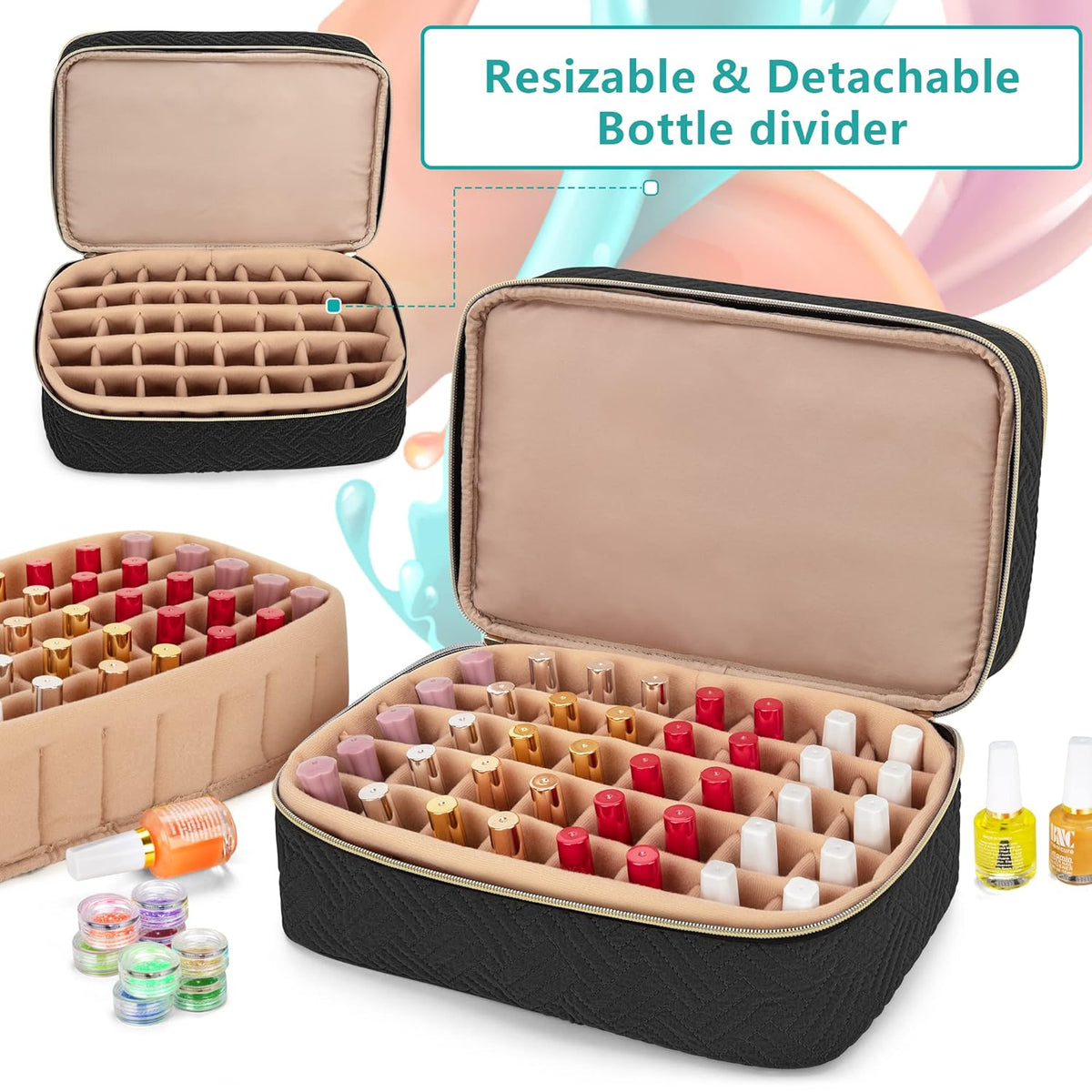 Nail Polish Organizer Holds 40 Bottles (15ml - 0.5 fl.oz), Black | Nail Polish Case with Manicure Tools Storage Sections,Patented Design.