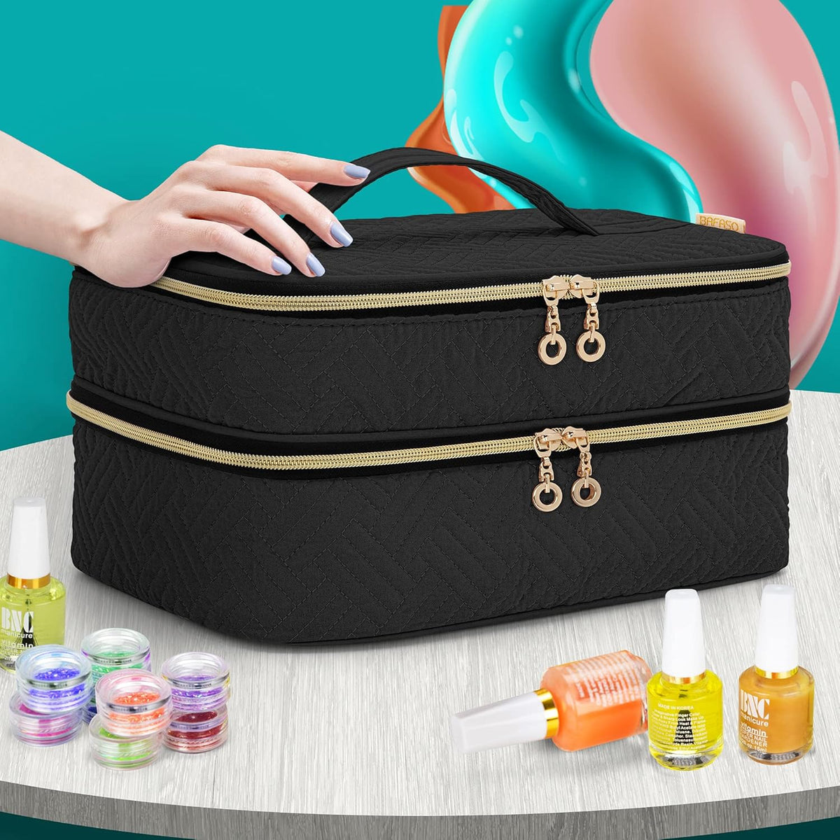 Nail Polish Organizer Holds 40 Bottles (15ml - 0.5 fl.oz), Black | Nail Polish Case with Manicure Tools Storage Sections,Patented Design.