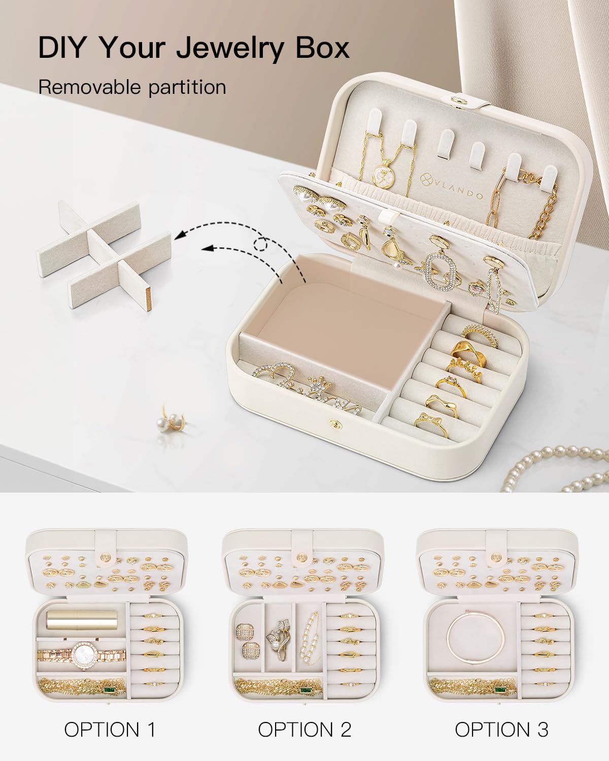 Travel Jewelry Case for Women Girls, Gifts for Mother, PU Leather Small Jewelry Box for Rings, Necklaces, Bracelets, Earring Holder Organizer Storage for Travel Essentials - Beige