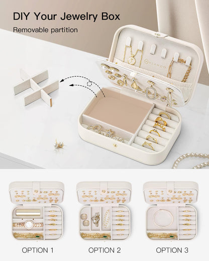 Travel Jewelry Case for Women Girls, Gifts for Mother, PU Leather Small Jewelry Box for Rings, Necklaces, Bracelets, Earring Holder Organizer Storage for Travel Essentials - Beige