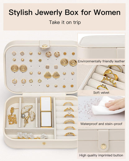 Travel Jewelry Case for Women Girls, Gifts for Mother, PU Leather Small Jewelry Box for Rings, Necklaces, Bracelets, Earring Holder Organizer Storage for Travel Essentials - Beige