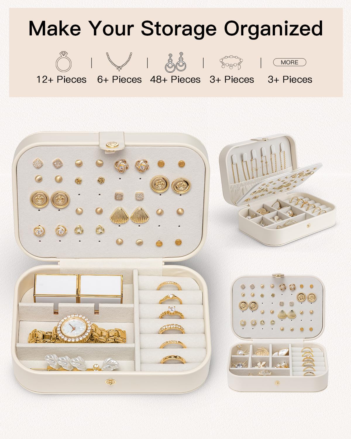 Travel Jewelry Case for Women Girls, Gifts for Mother, PU Leather Small Jewelry Box for Rings, Necklaces, Bracelets, Earring Holder Organizer Storage for Travel Essentials - Beige
