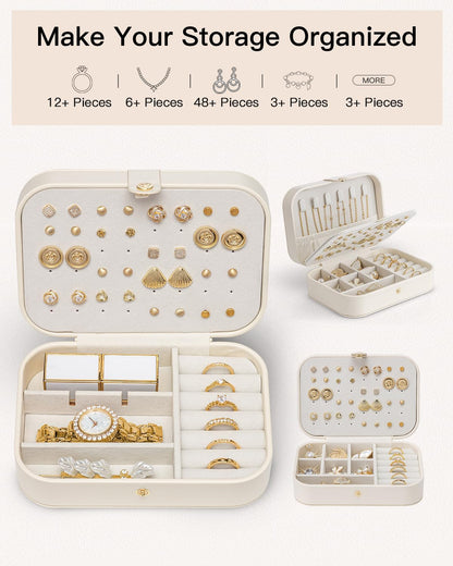 Travel Jewelry Case for Women Girls, Gifts for Mother, PU Leather Small Jewelry Box for Rings, Necklaces, Bracelets, Earring Holder Organizer Storage for Travel Essentials - Beige